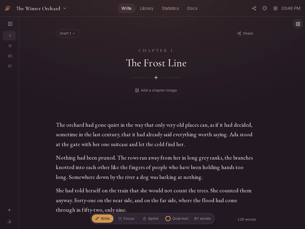 Folio's writing view. Chapter one of a novel, set in a serif face, with the chapter list folded away to Roman numerals on the left.