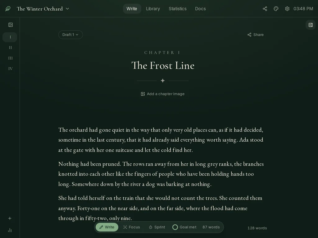 Folio's writing view. Chapter one of a novel, set in a serif face, with the chapter list folded away to Roman numerals on the left.