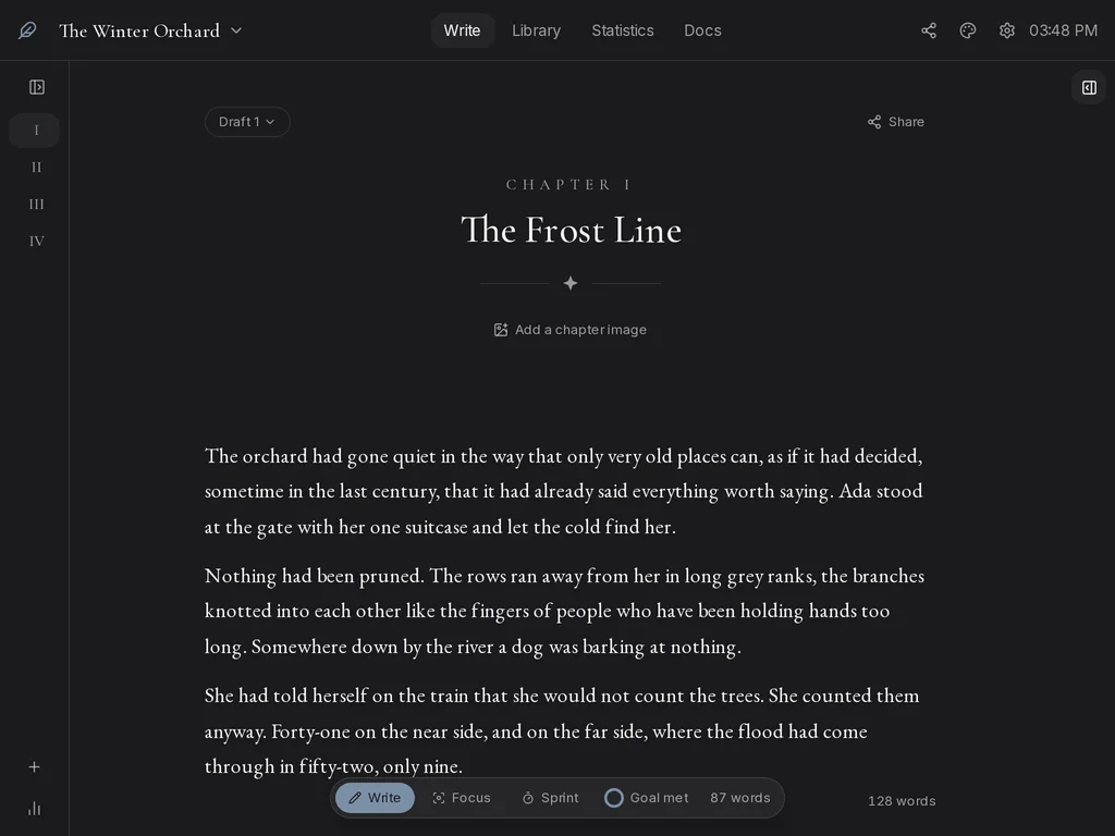 Folio's writing view. Chapter one of a novel, set in a serif face, with the chapter list folded away to Roman numerals on the left.