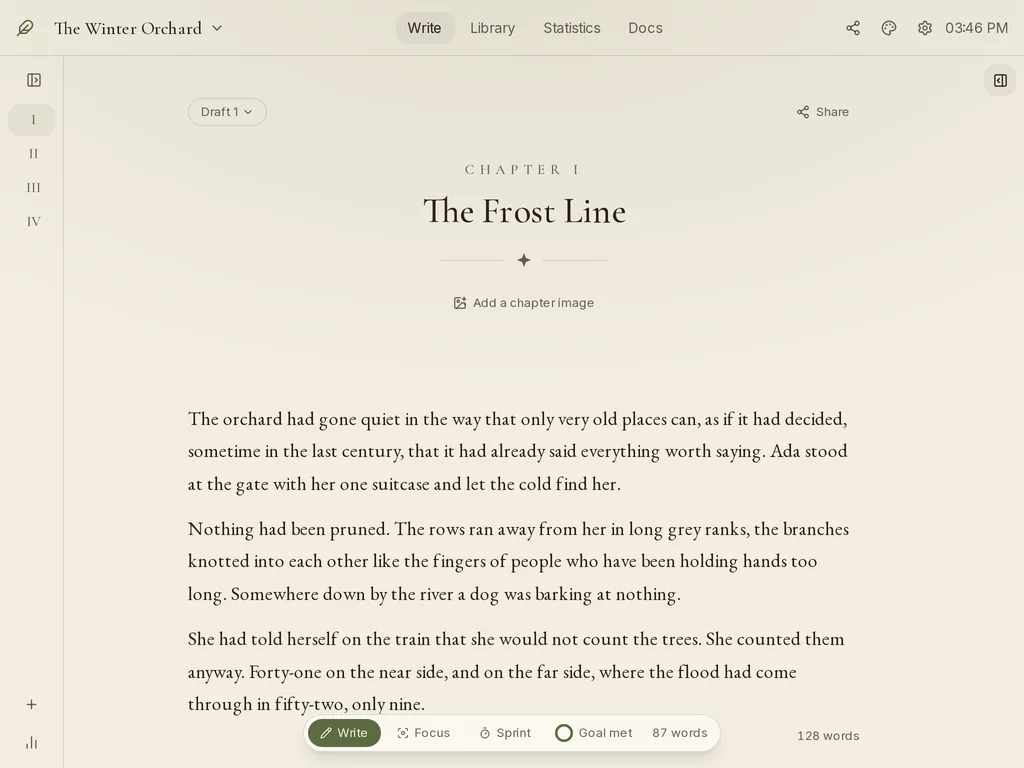 Folio's writing view. Chapter one of a novel, set in a serif face, with the chapter list folded away to Roman numerals on the left.