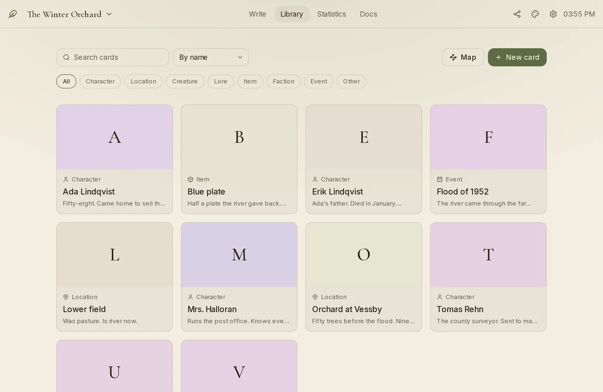 The Library: a grid of story cards for characters, places, items and events, each with a large initial and a one-line summary.