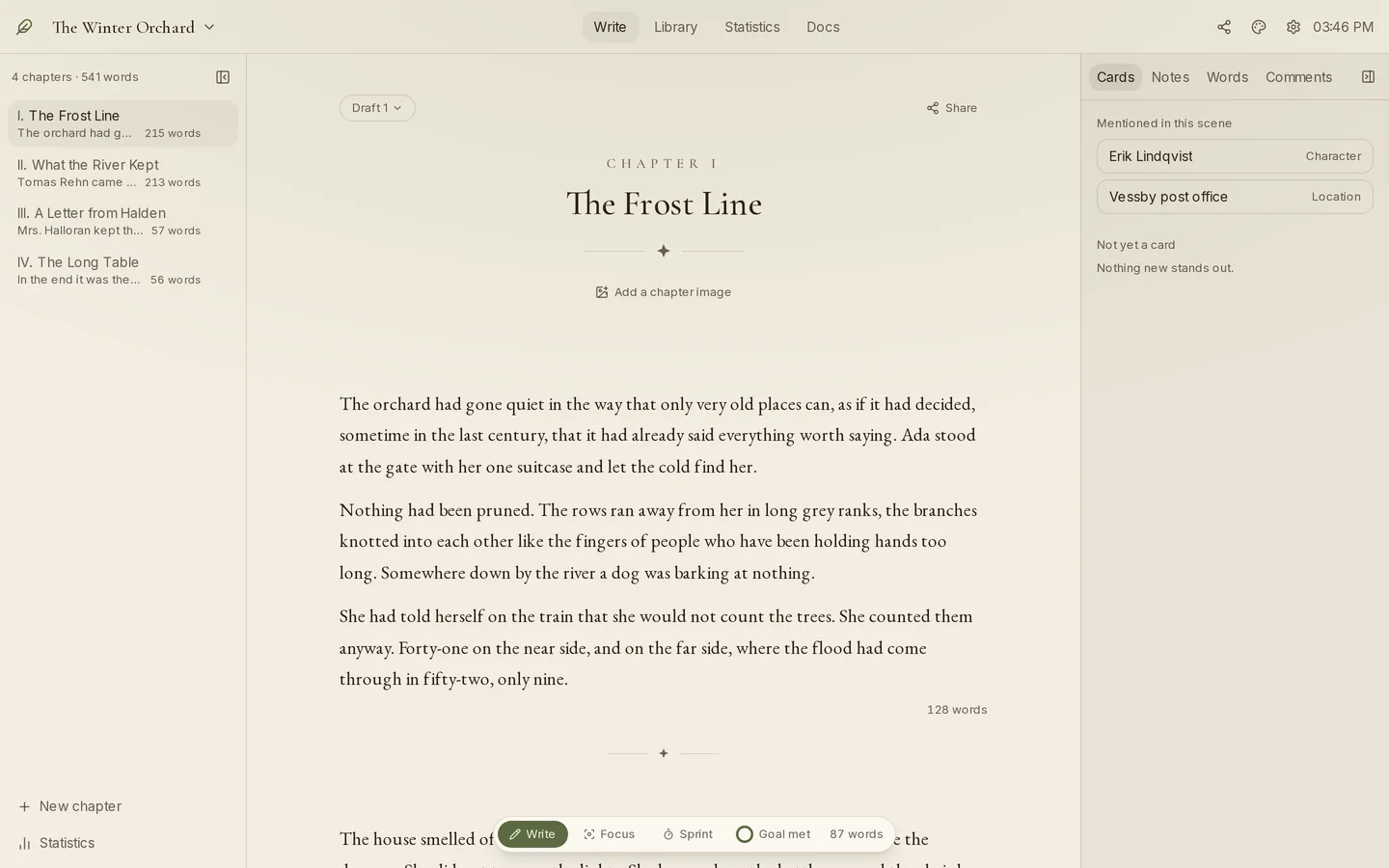 The writing view with the chapter sidebar open on the left and the Cards rail open on the right.
